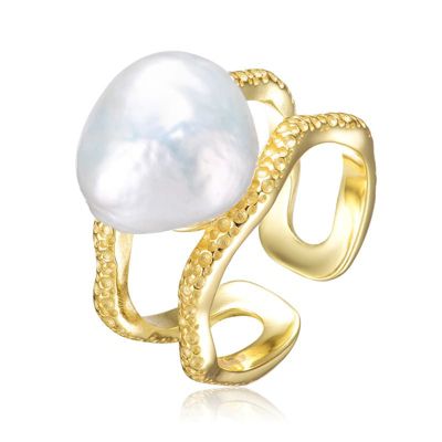 Lab Created Rozzato Sterling Silver 14K Gold Plated with Genuine Freshwater Pearl Contemporary Ring