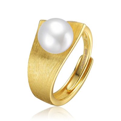 Lab Created Rozzato Sterling Silver 14K Gold Plated with Genuine Freshwater Pearl Linear Adjustable Ring