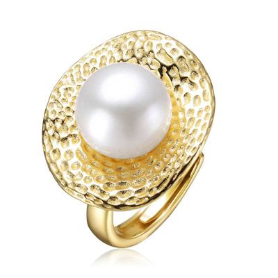 Lab Created Rozzato Sterling Silver 14K Gold Plated with Genuine Freshwater Pearl Hammered Ring