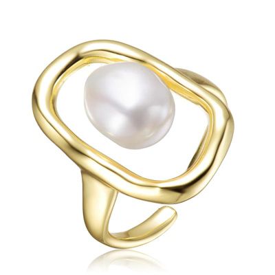 Lab Created Rozzato Sterling Silver 14K Gold Plated with White Irregular Freshwater Pearl Statement Ring