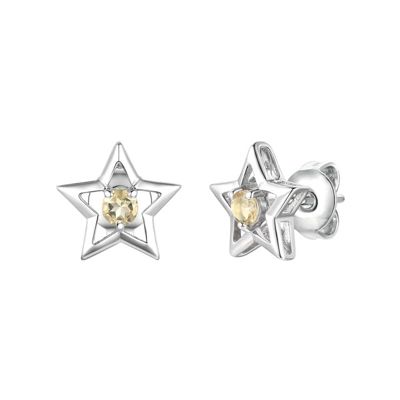 Rozzato Lab Created Sterling Silver White Gold Plated with Yellow Tourmaline Gemstone Star Shaped Stud Earrings