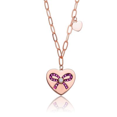 Rozzato Lab Created 18K Rose Gold Plated with Clear Tie Ribbon on Heart-Shaped Pendant Necklace for Kids/Teens