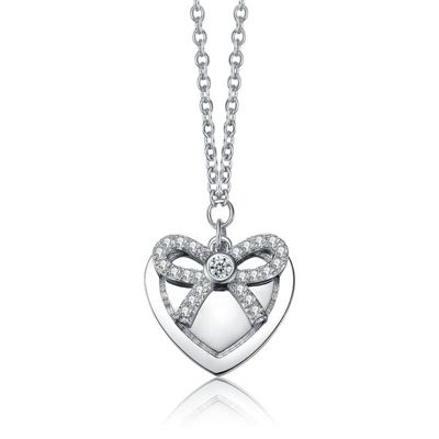 Rozzato Lab Created Chic White Gold Plated Tie Ribbon on Heart Shaped Pendant