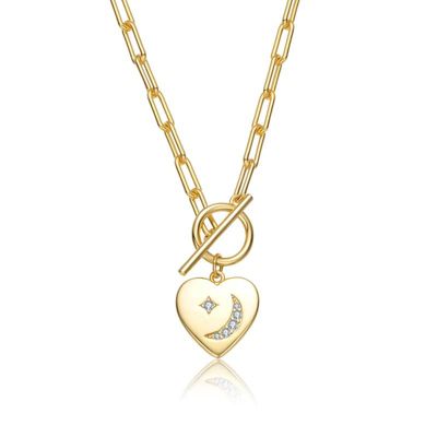 Rozzato Lab Created 14K Gold Plated with Clear Cubic Zirconia Moon and Star Heart Charm Necklace for Kids/Teens