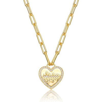 Rozzato Lab Created 14K Gold Plated with Clear Cubic Zirconia Heart Charm Necklace for Kids/Teens
