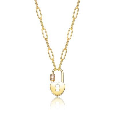 Rozzato Lab Created 14K Gold Plated with Clear Cubic Zirconia Lock Charm Necklace for Kids/Teens