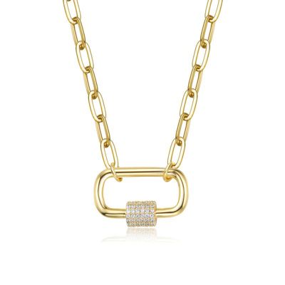 Rozzato Lab Created 14K Gold Plated with Clear Cubic Zirconia Chain Rectangle Pendant Necklace for Kids/Teens