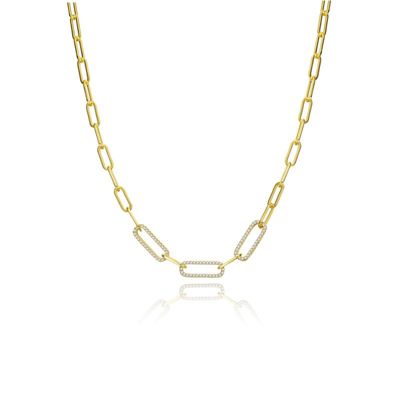 Rozzato Lab Created 14K Gold Plated with Clear Cubic Zirconia Elongated Cable Link Chain Necklace for Kids/Teens