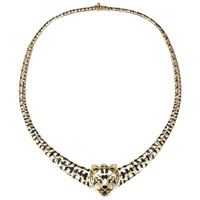 Rozzato Lab Created 14K Gold Plated with Black Enamel Leopard Head Omega Necklace
