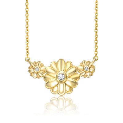 Rozzato Lab Created 14K Gold Plated with Clear Cubic Zirconia Triple Daisy Flower Chevron Pendant Necklace for Kids/Teens