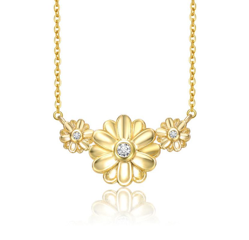 Lab Created 14K Gold Plated with Clear Cubic Zirconia Triple Daisy Flower Chevron Pendant Necklace for Kids/Teens
