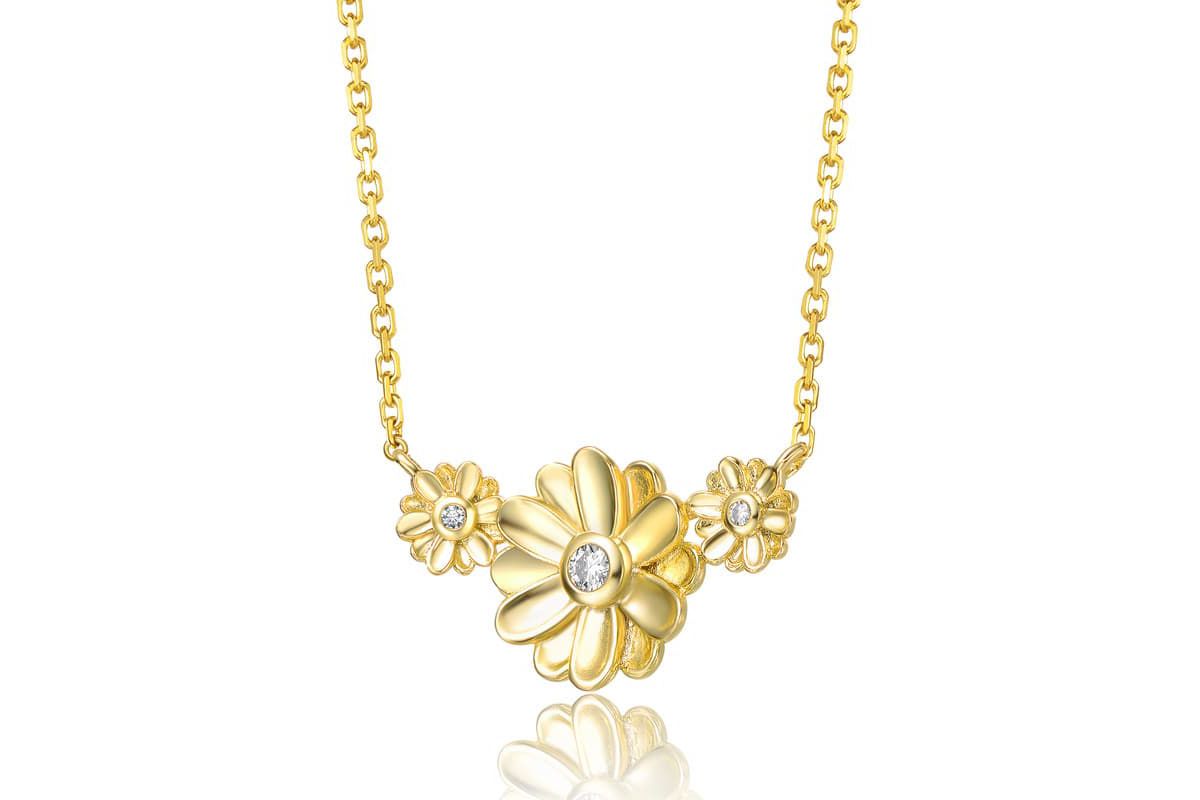 Lab Created 14K Gold Plated with Clear Cubic Zirconia Triple Daisy Flower Chevron Pendant Necklace for Kids/Teens