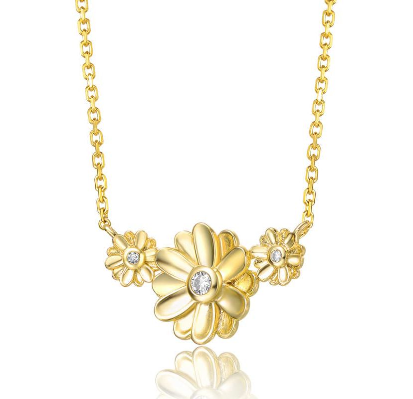 Lab Created 14K Gold Plated with Clear Cubic Zirconia Triple Daisy Flower Chevron Pendant Necklace for Kids/Teens