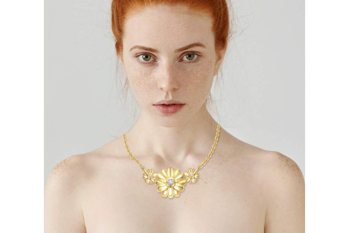 Lab Created 14K Gold Plated with Clear Cubic Zirconia Triple Daisy Flower Chevron Pendant Necklace for Kids/Teens
