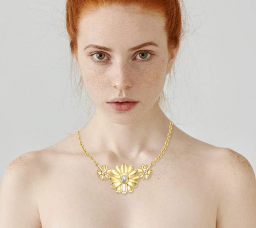 Lab Created 14K Gold Plated with Clear Cubic Zirconia Triple Daisy Flower Chevron Pendant Necklace for Kids/Teens
