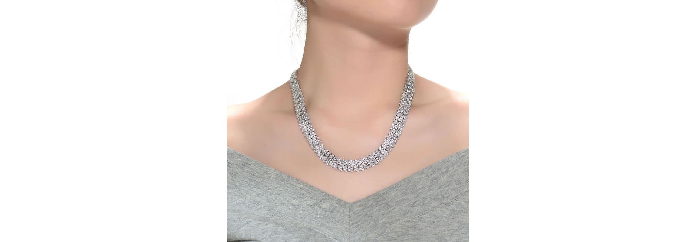 Lab Created Sterling Silver White Gold Plated with Clear Round Cubic Zirconia Linear Pave Necklace