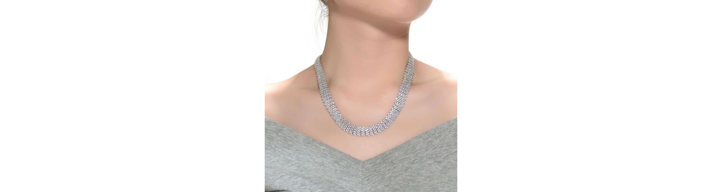 Lab Created Sterling Silver White Gold Plated with Clear Round Cubic Zirconia Linear Pave Necklace
