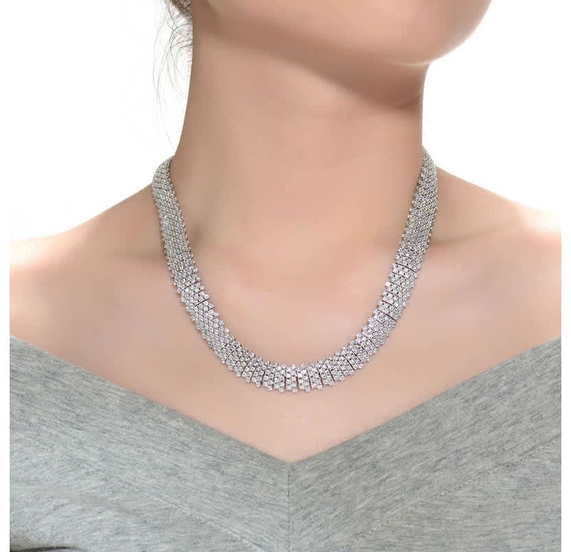 Lab Created Sterling Silver White Gold Plated with Clear Round Cubic Zirconia Linear Pave Necklace