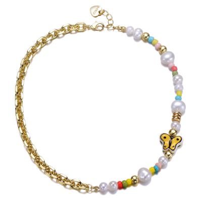 Rozzato Lab Created 14K Gold Plated with Multi-Color Beads & Freshwater Pearls and a Butterfly Charm Necklace for Kids