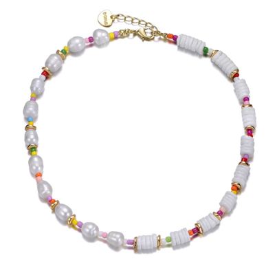 Rozzato Lab Created 14K Gold Plated with Multi-Color Beads Necklace with Freshwater Pearls for Kids