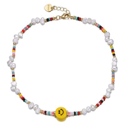 Rozzato Lab Created 14K Gold Plated with Multi-Color Beads Necklace with Freshwater Pearls and a Smiley Charm for Kids
