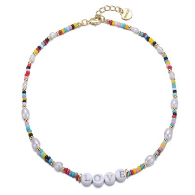 Rozzato Lab Created 14K Gold Plated with Multi Color Beads Necklace with Freshwater Pearls and Love Tag in Circular Charms for Kids