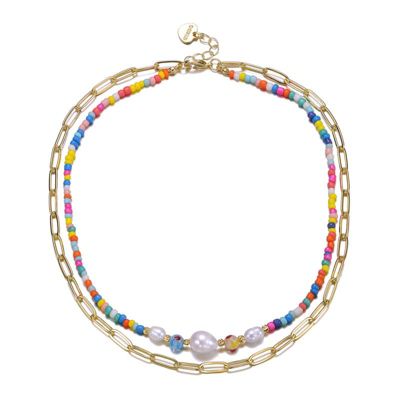 Rozzato Lab Created 14K Gold Plated with Multi-Color Beads Bracelet with Freshwater Pearls and an Outer Link Chain for Kids