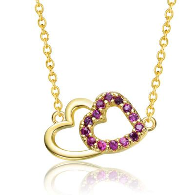 Rozzato Lab Created 14K Gold Plated with Ruby Red Cubic Zirconia Double Heart Entwined Necklace