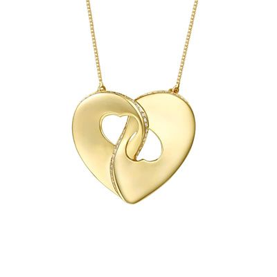 Rozzato Lab Created 14K Gold Plated with Clear Cubic Zirconia Modern Double Heart Half Cut-Out Entwined Necklace