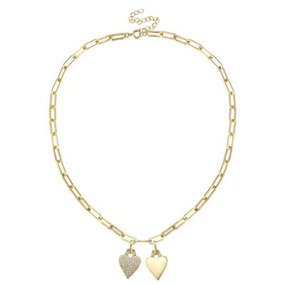 Rozzato Lab Created 14K Gold Plated with Clear Cubic Zirconia Double Heart Pendant Cable Chain Adjustable Necklace