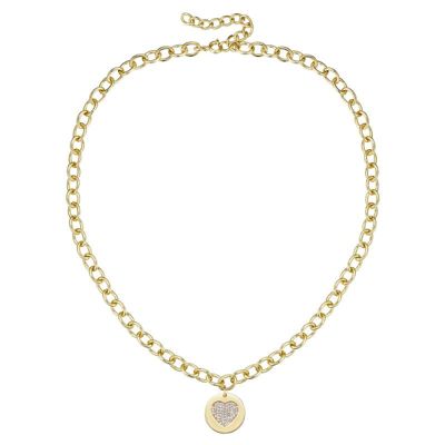 Rozzato Lab Created 14K Gold Plated with Clear Cubic Zirconia Heart Medallion Pendant Curb chain Adjustable Necklace
