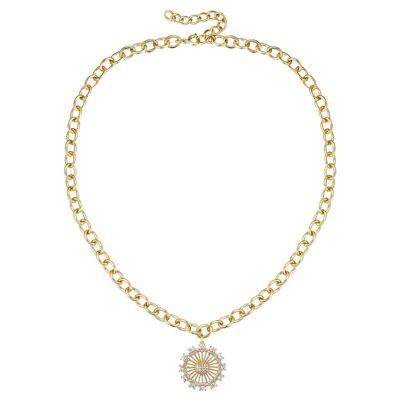 Rozzato Lab Created 14K Gold Plated with Clear Cubic Zirconia Sunshine Flower Pendant Curb Chain Adjustable Necklace