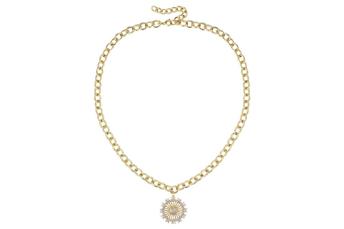 Lab Created 14K Gold Plated with Clear Cubic Zirconia Sunshine Flower Pendant Curb Chain Adjustable Necklace