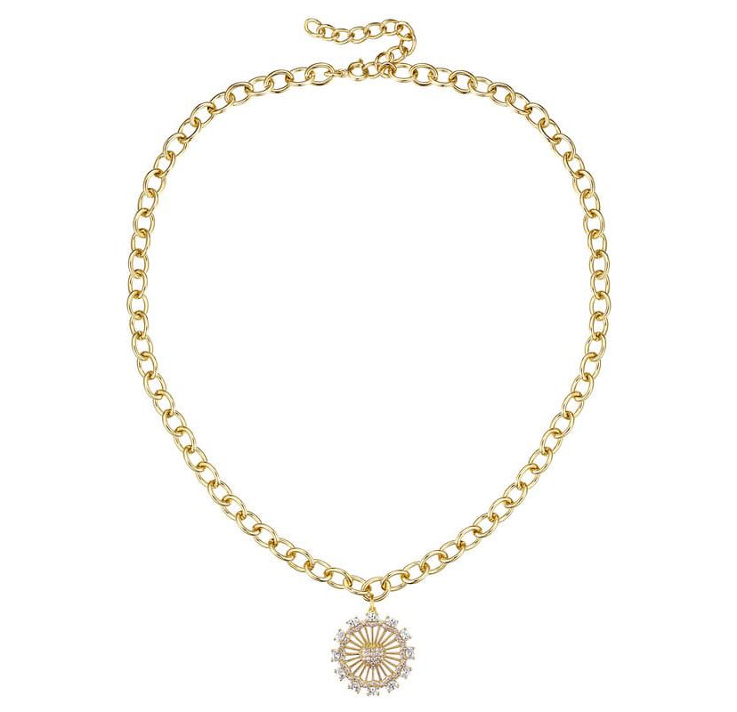 Lab Created 14K Gold Plated with Clear Cubic Zirconia Sunshine Flower Pendant Curb Chain Adjustable Necklace