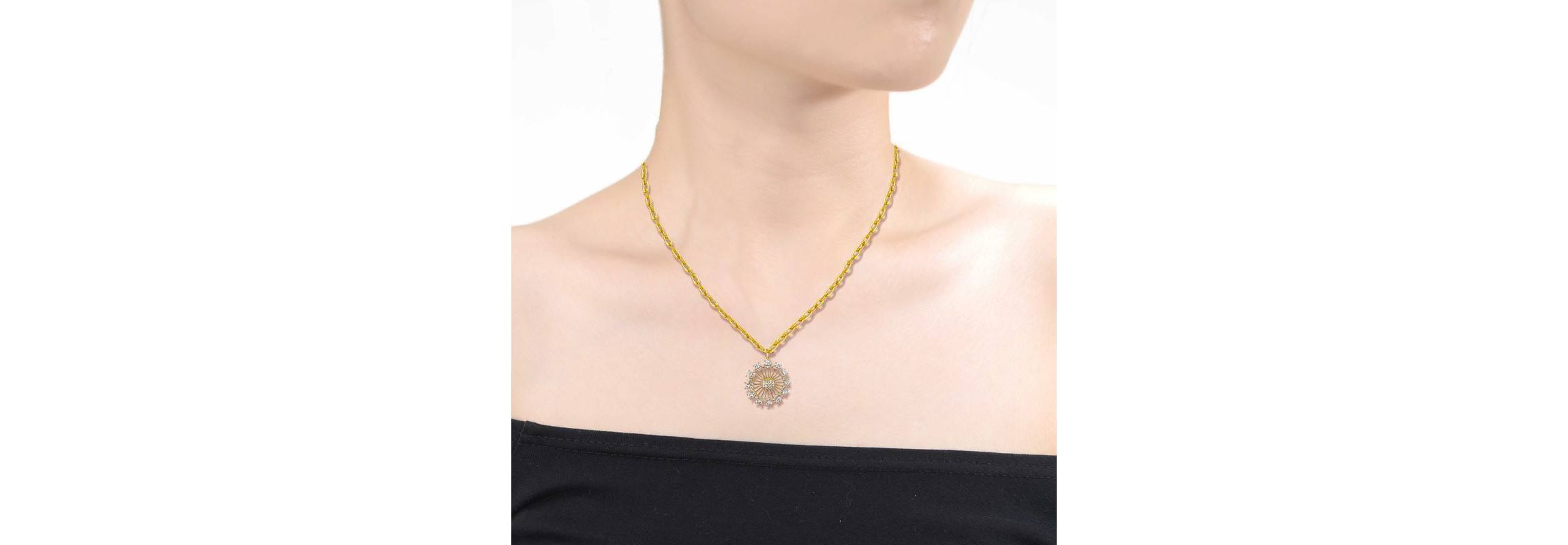 Lab Created 14K Gold Plated with Clear Cubic Zirconia Sunshine Flower Pendant Curb Chain Adjustable Necklace