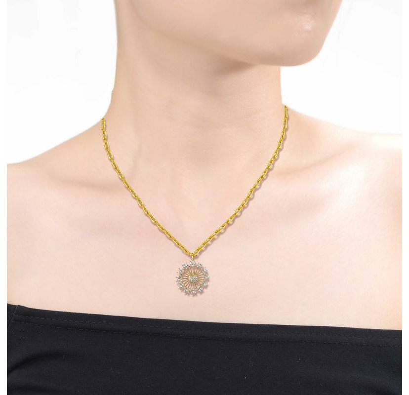 Lab Created 14K Gold Plated with Clear Cubic Zirconia Sunshine Flower Pendant Curb Chain Adjustable Necklace