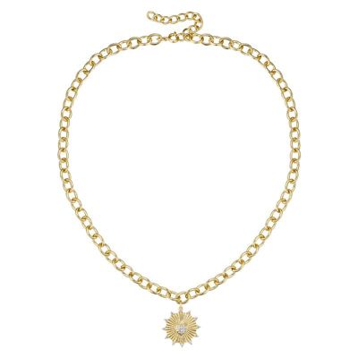 Rozzato Lab Created 14K Gold Plated with Clear Cubic Zirconia Vintage Shield Sunshine Pendant Curb Chain Adjustable Necklace