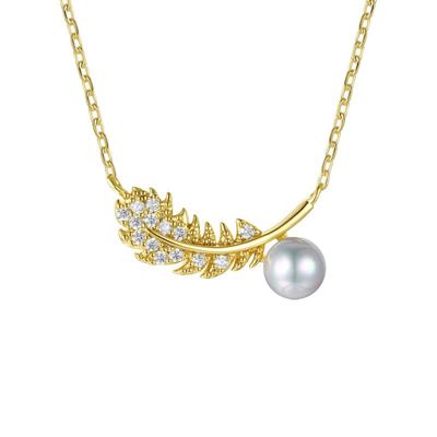 Rozzato Lab Created 14K Gold Plated with Clear Cubic Zirconia & Faux Pearl Fern Leaf Pendant Necklace