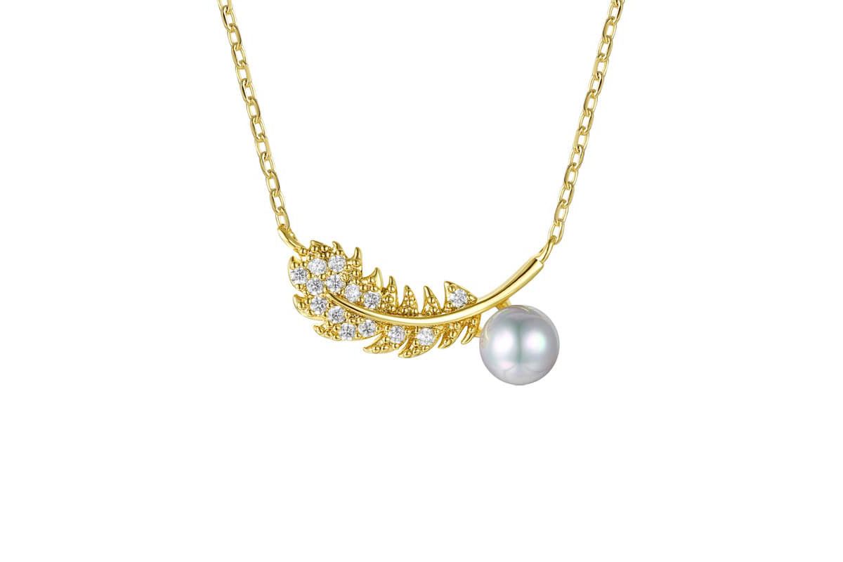 Lab Created 14K Gold Plated with Clear Cubic Zirconia & Faux Pearl Fern Leaf Pendant Necklace