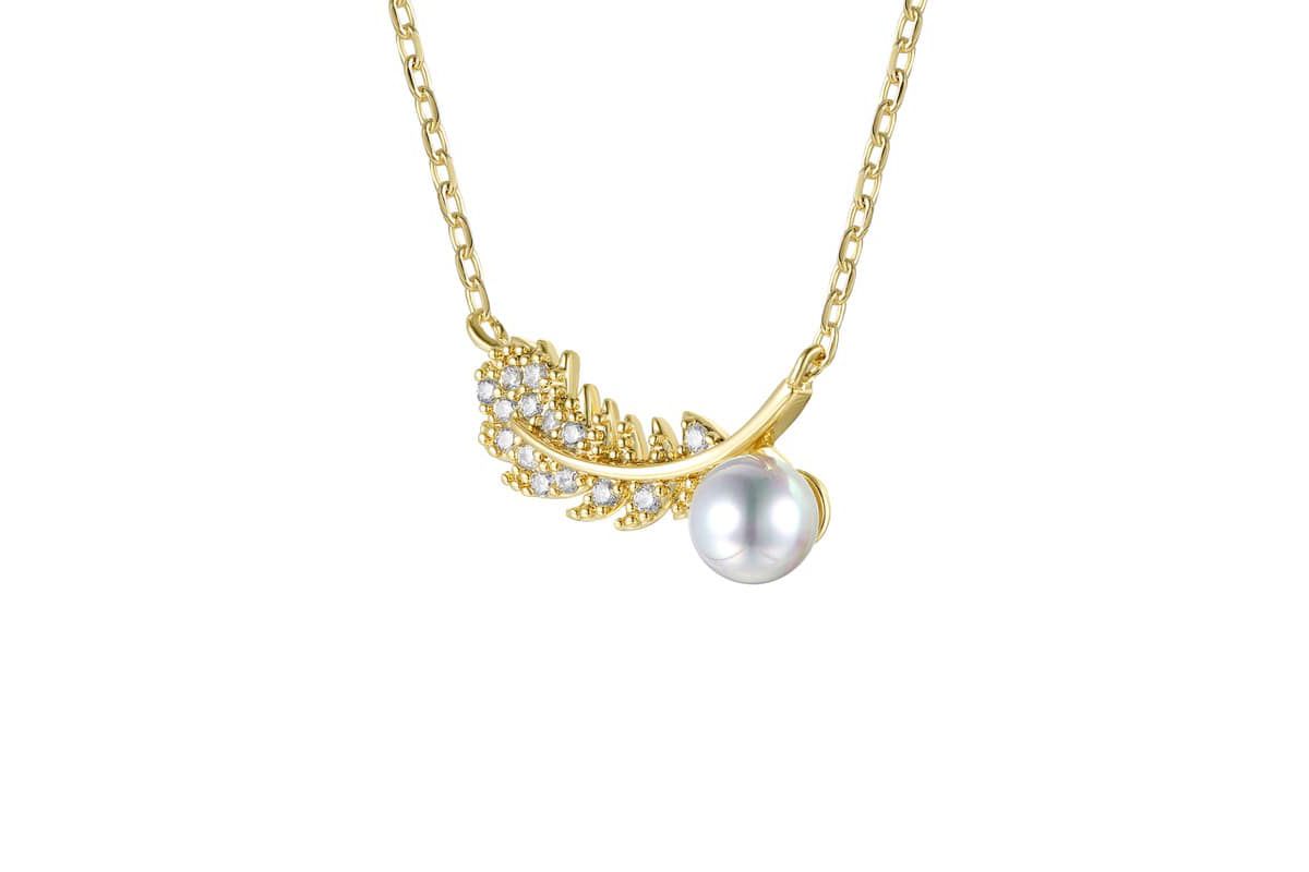 Lab Created 14K Gold Plated with Clear Cubic Zirconia & Faux Pearl Fern Leaf Pendant Necklace