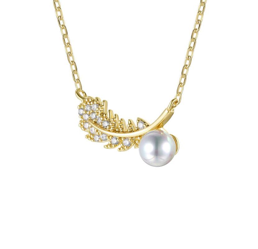 Lab Created 14K Gold Plated with Clear Cubic Zirconia & Faux Pearl Fern Leaf Pendant Necklace