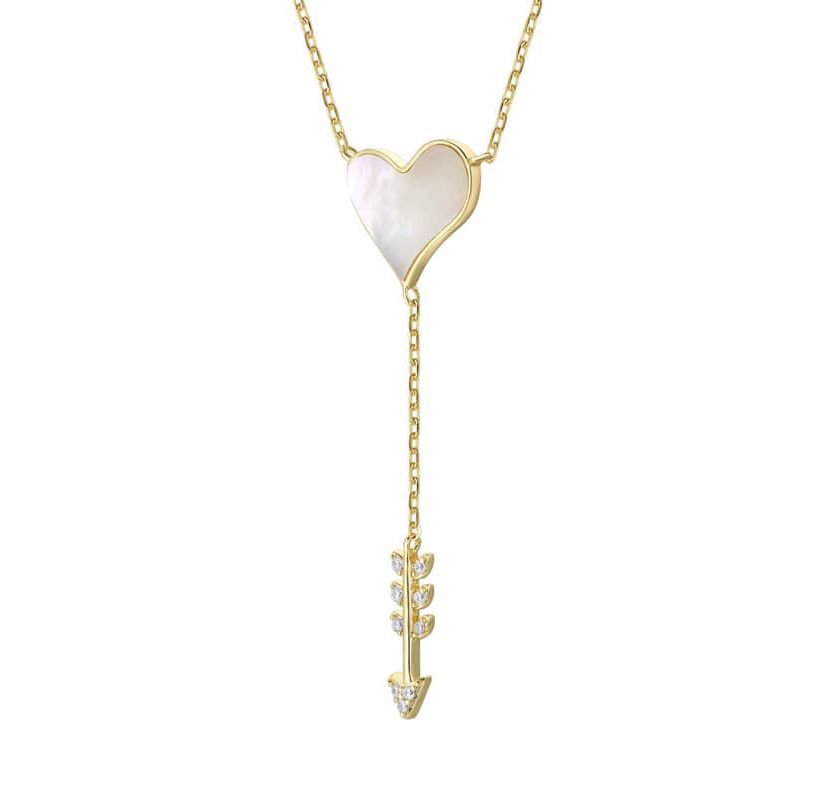 Lab Created 14K Gold Plated with Clear Cubic Zirconia & Mother of Pearl Cupidâ€s Arrow Heart Y-Necklace