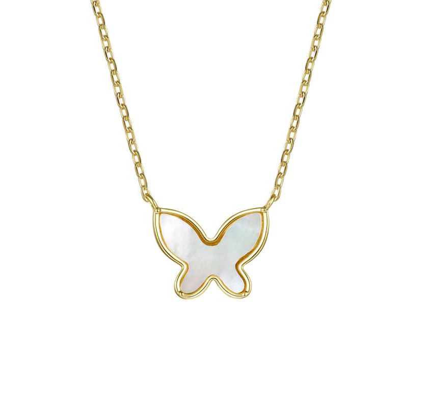Lab Created 14k Gold Plated with Mother of Pearl Butterfly Pendant Layering Necklace