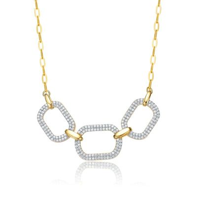 Rozzato Lab Created 14K Gold Plated with Clear Cubic Zirconia Pave Geometric Oval Chain Necklace