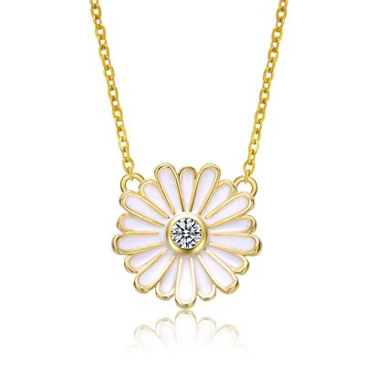 Rozzato Lab Created 14K Gold Plated with Clear Cluster Cubic Zirconia & White Enamel Mini Daisy Pendant Layering Necklace for Teens