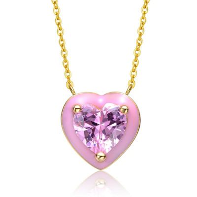 Rozzato Lab Created 14K Gold Plated with Pink Cubic Zirconia Stone Pink Enamel Heart Dainty Pendant for Teens