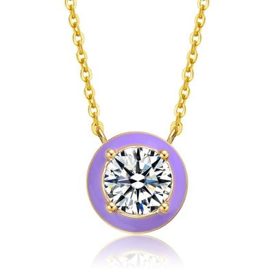 Rozzato Lab Created 14K Gold with Clear Cubic Zirconia Solitaire Purple Enamel Petite Halo Pendant for Teens