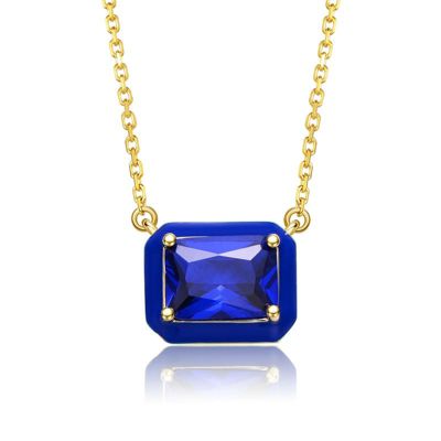 Rozzato Lab Created 14K Gold Plated with Radiant Cut Blue Cubic Zirconia Solitaire Enamel Halo Petite Pendant Necklace