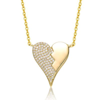 Rozzato Lab Created 14k Yellow Gold Plated with Cubic Zirconia Broken Cracked Zig-Zag Half & Half Stolen Heart Pendant Necklace