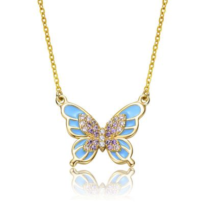 Rozzato Lab Created 14K Gold Plated with Amethyst Cubic Zirconia & Blue Topaz Enamel Butterfly Pendant Necklace for Kids